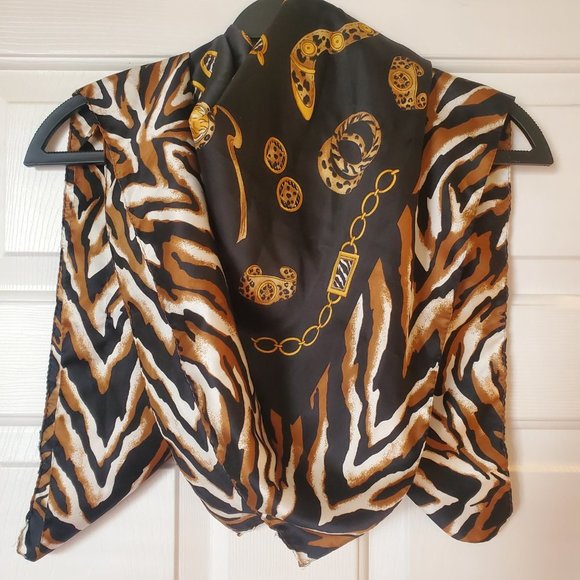 Luxurious Silky Black and Gold Animal and Jewelry Print Square Scarf - Picture 2 of 5